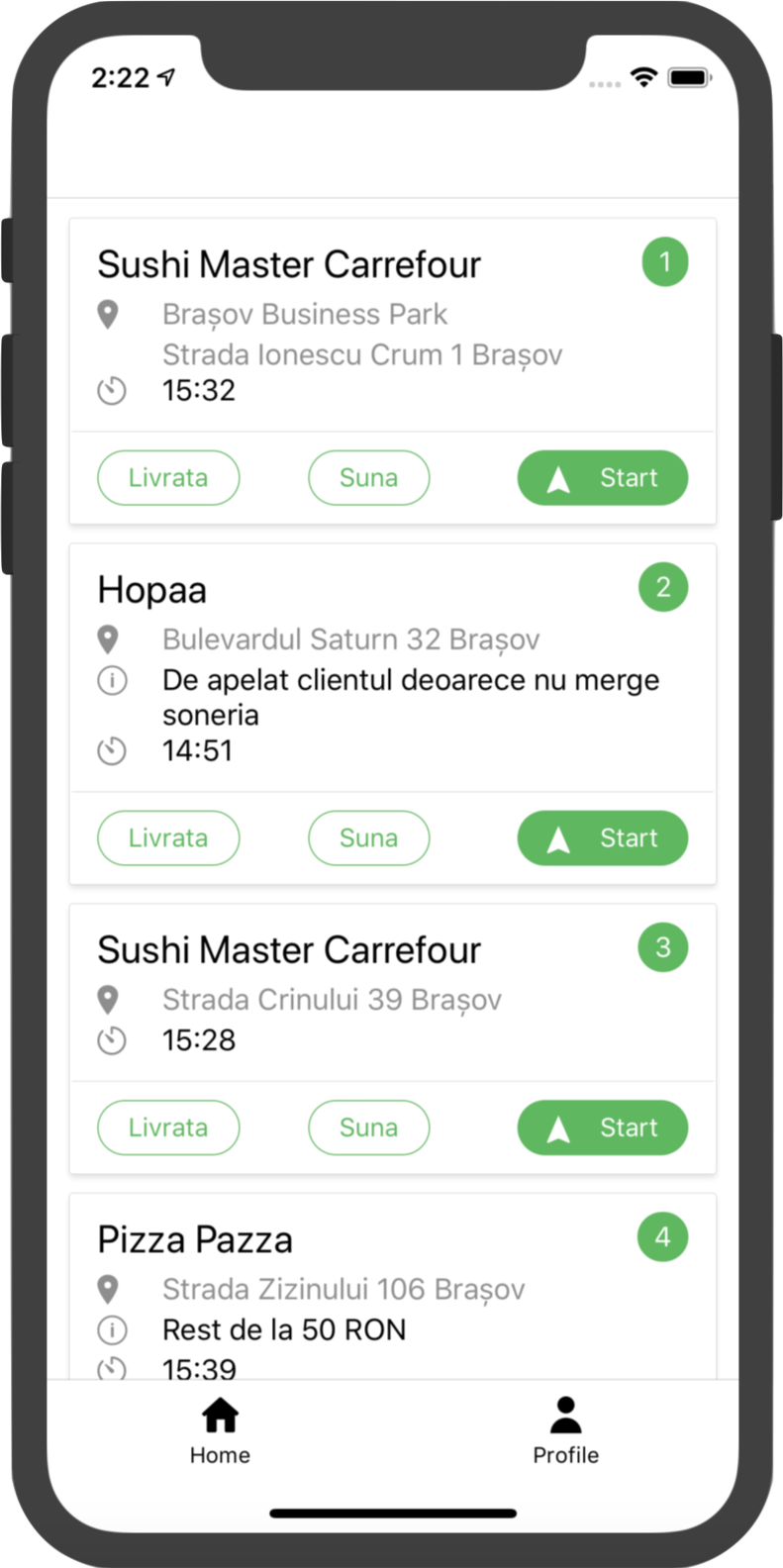 Lista de comenzi din aplicația de curier